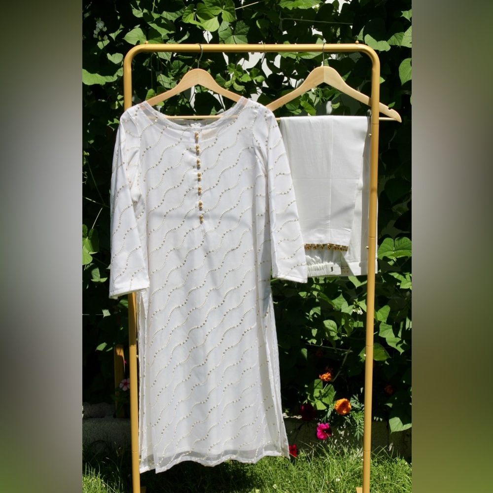 White and Gold Organza silk Embellished Dress